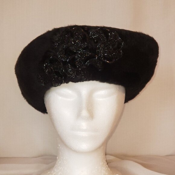 Faux Fur Hat 50s Beaded Bedazzled Cossack Black Size 22 Martelle of West Germany - Picture 6 of 11